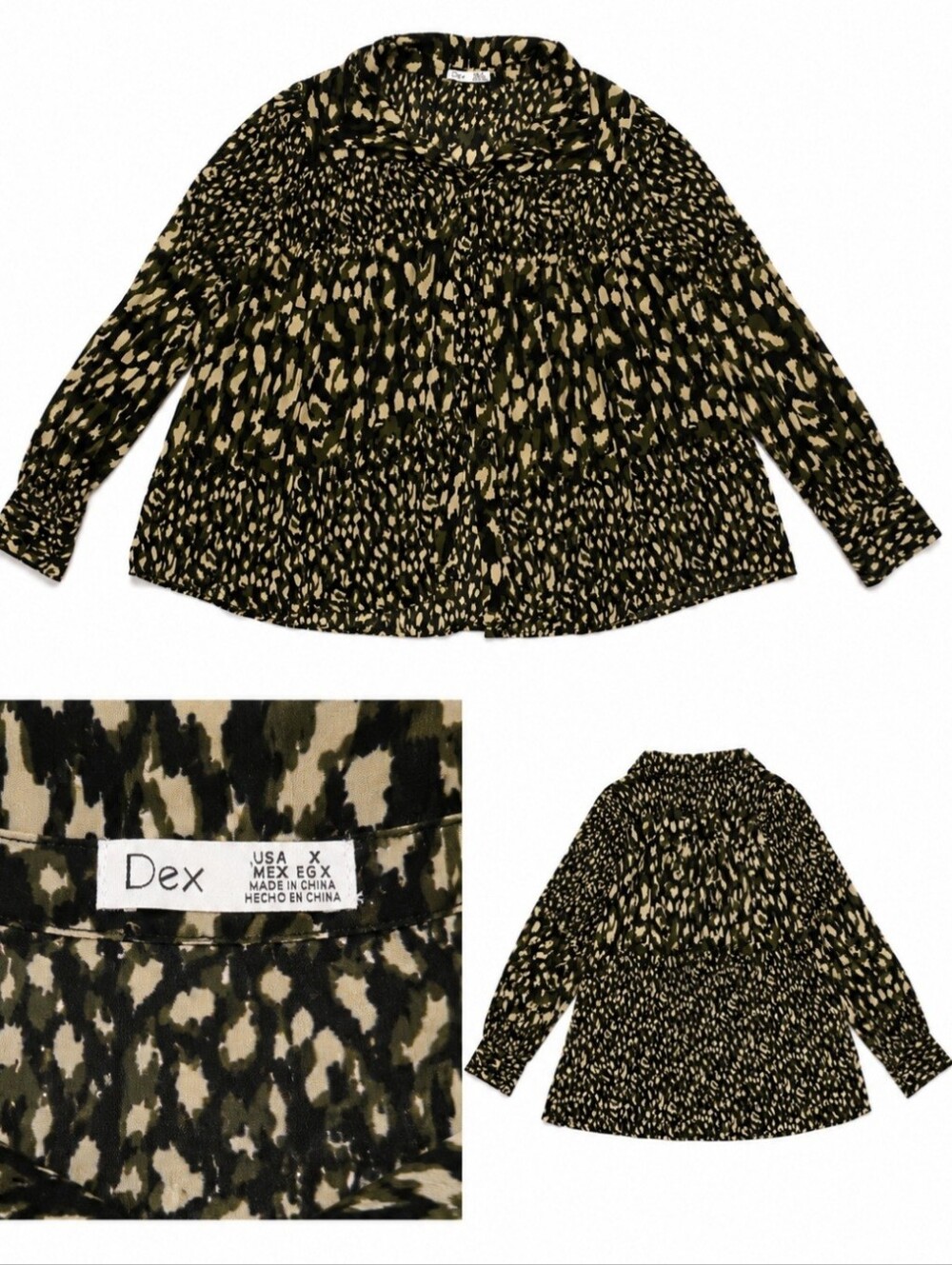 Dex Olive and Cream Abstract Smocked Blouse